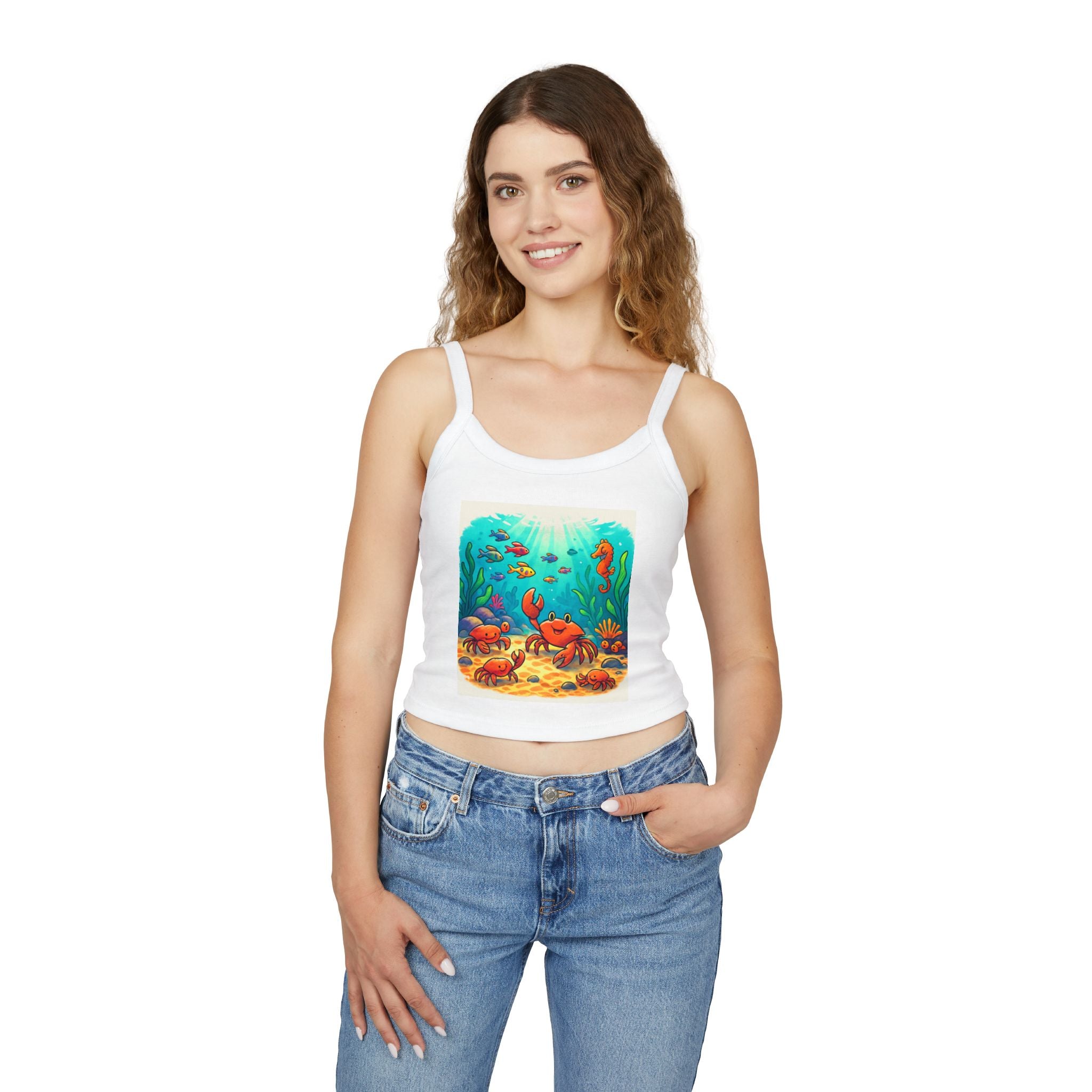 Cute Underwater Crab Tank Top — Colorful Ocean Sea Life Graphic Spaghetti Strap