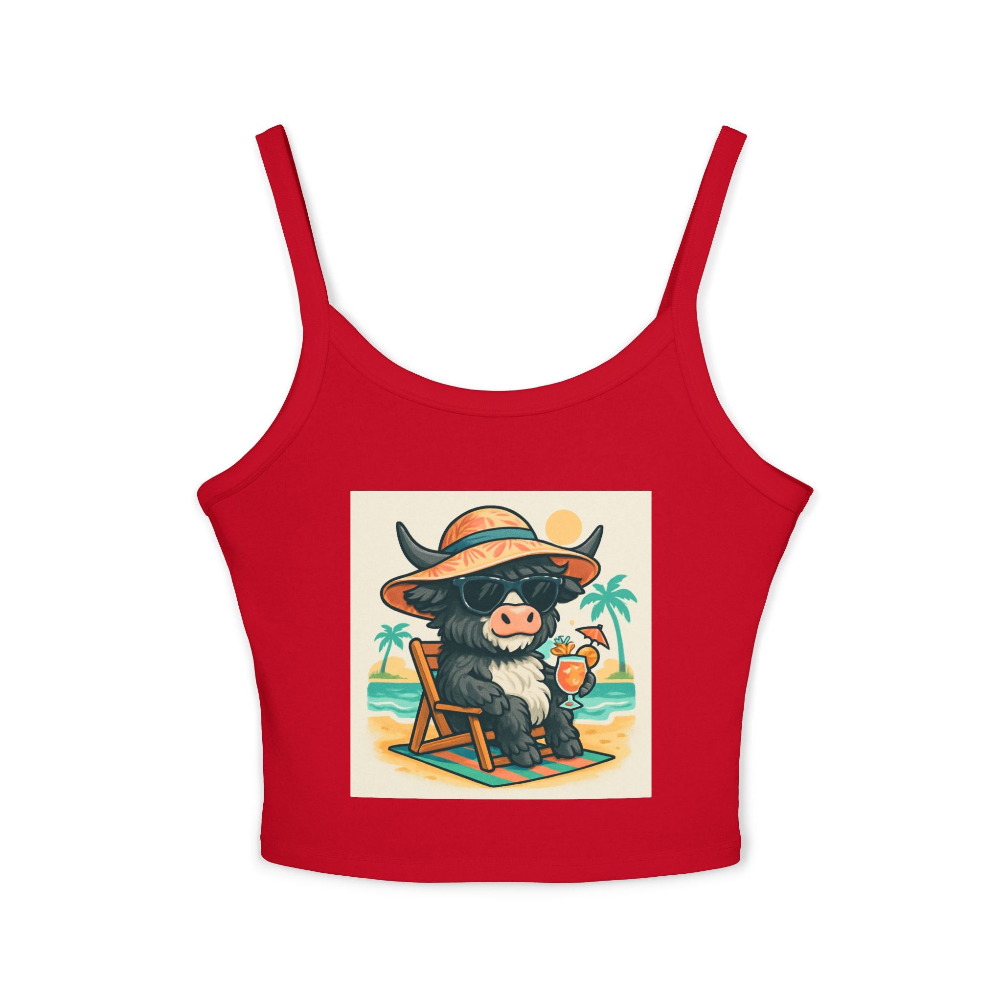 Cow on Vacation Spaghetti Strap Tank — Cute Beach Cow Graphic Tank Top