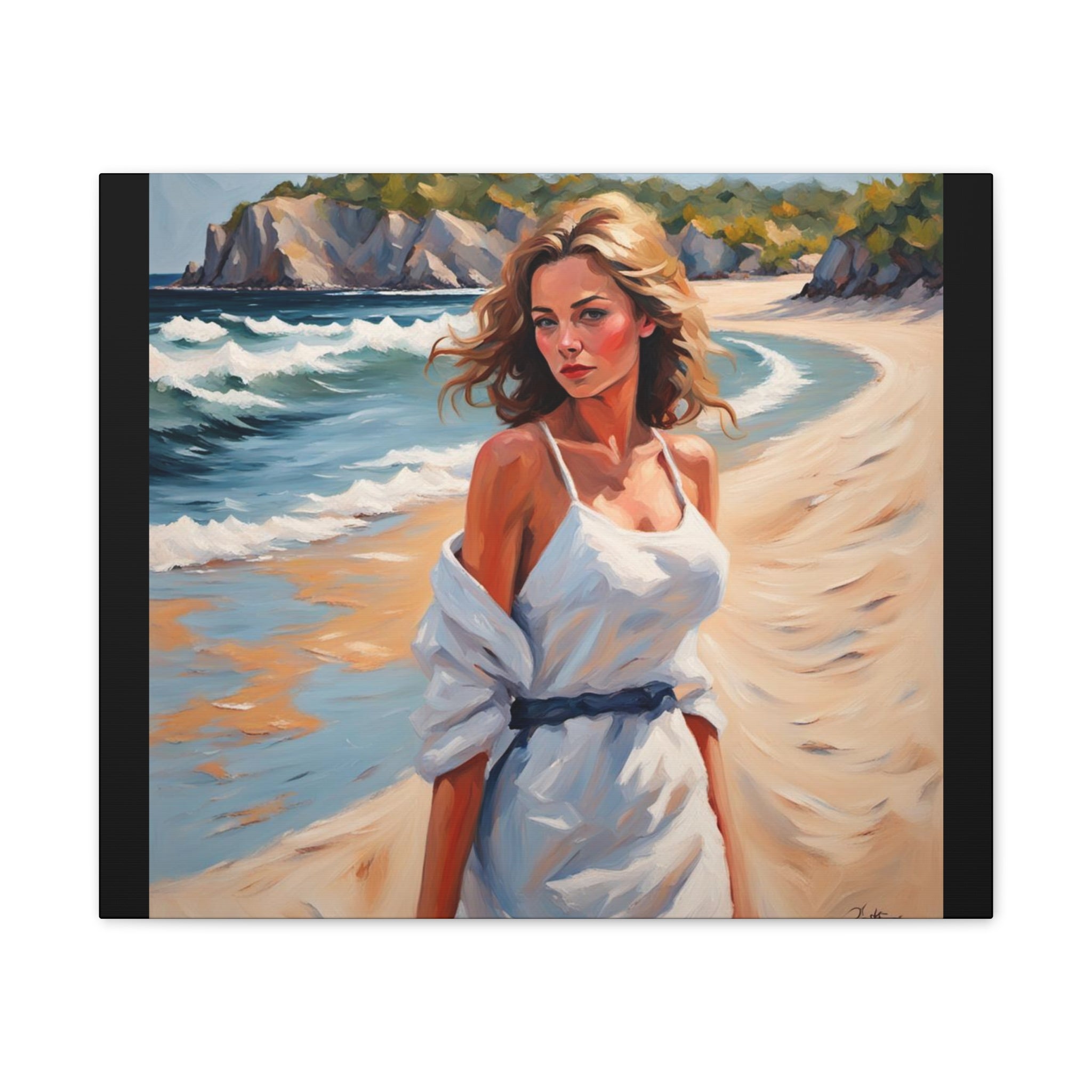Beach Portrait Canvas - Woman in White Dress Seaside Wall Art