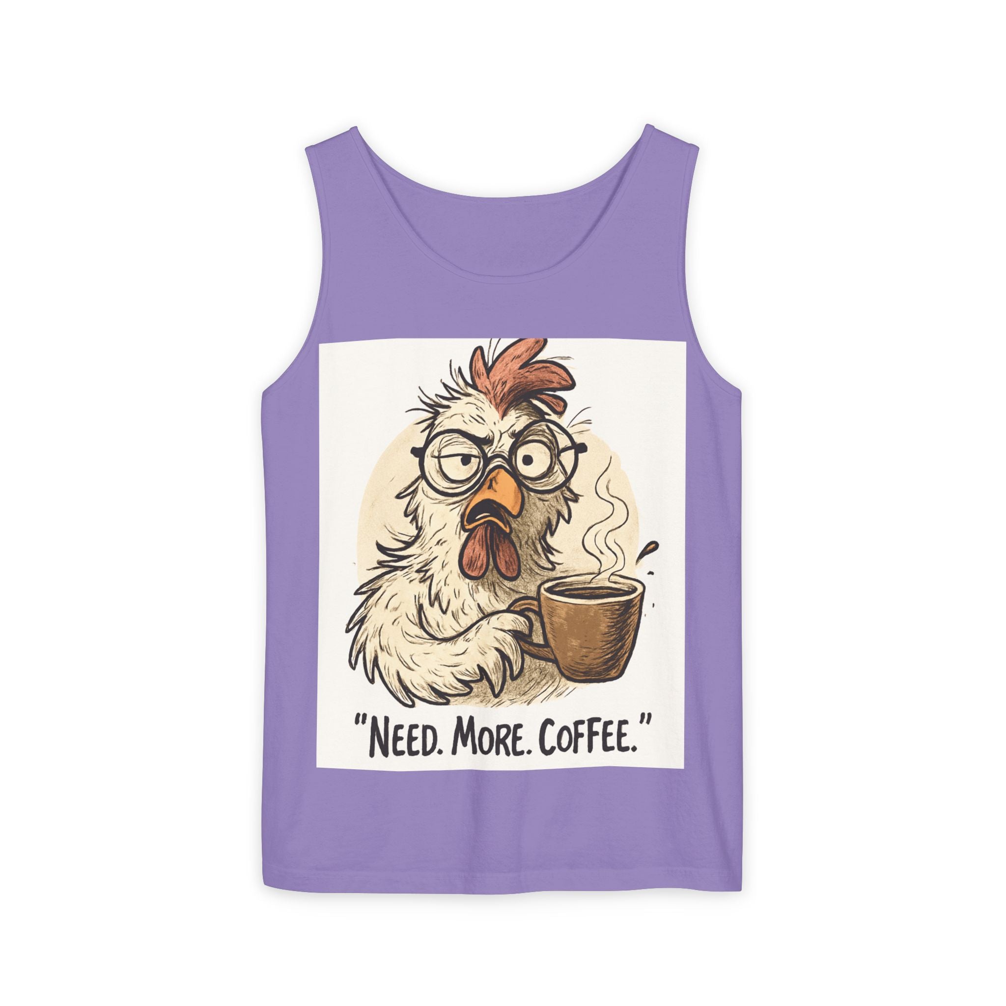 Coffee-Needed Chicken Tank Top — "Need. More. Coffee." Cute Funny Morning Graphic Tank