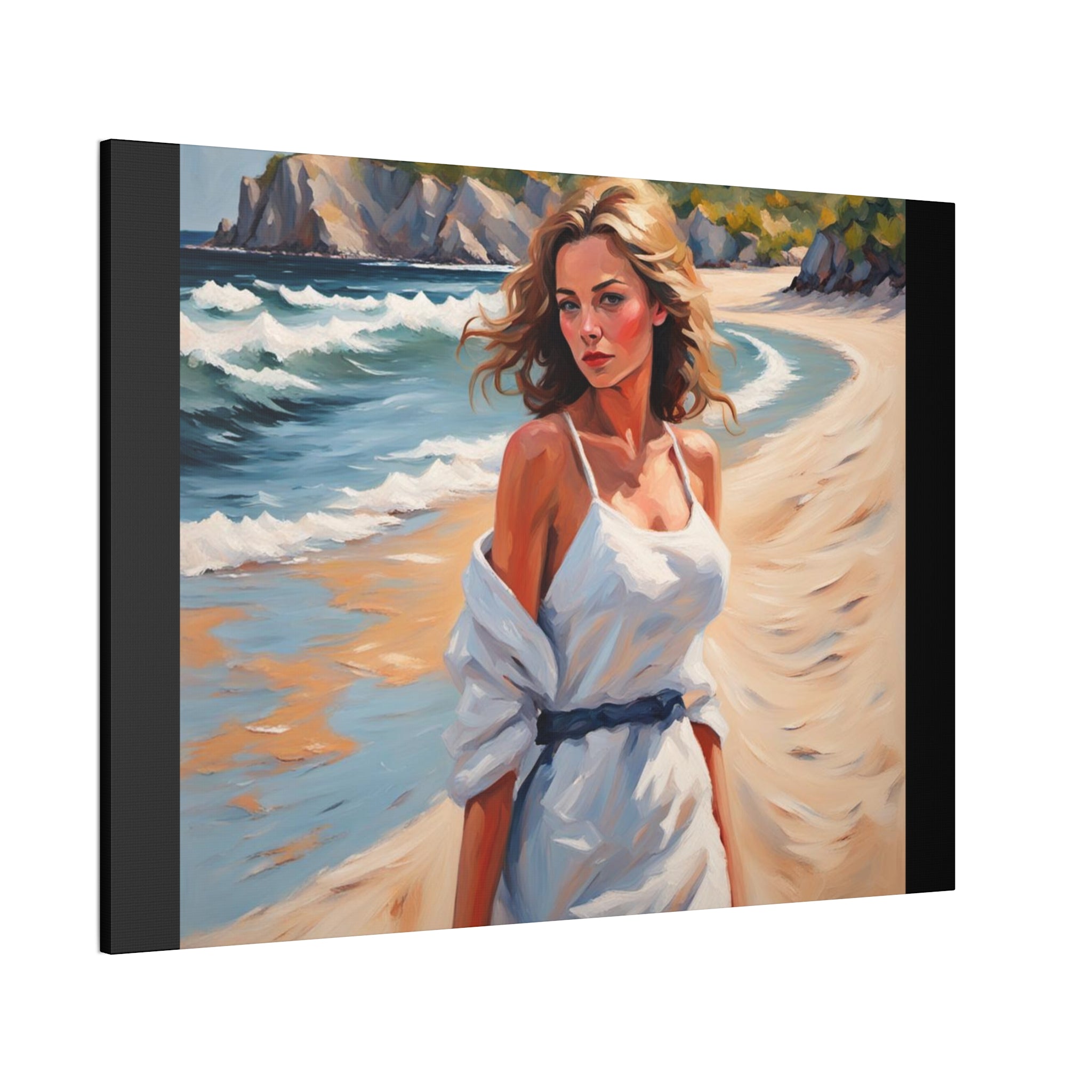 Beach Portrait Canvas - Woman in White Dress Seaside Wall Art