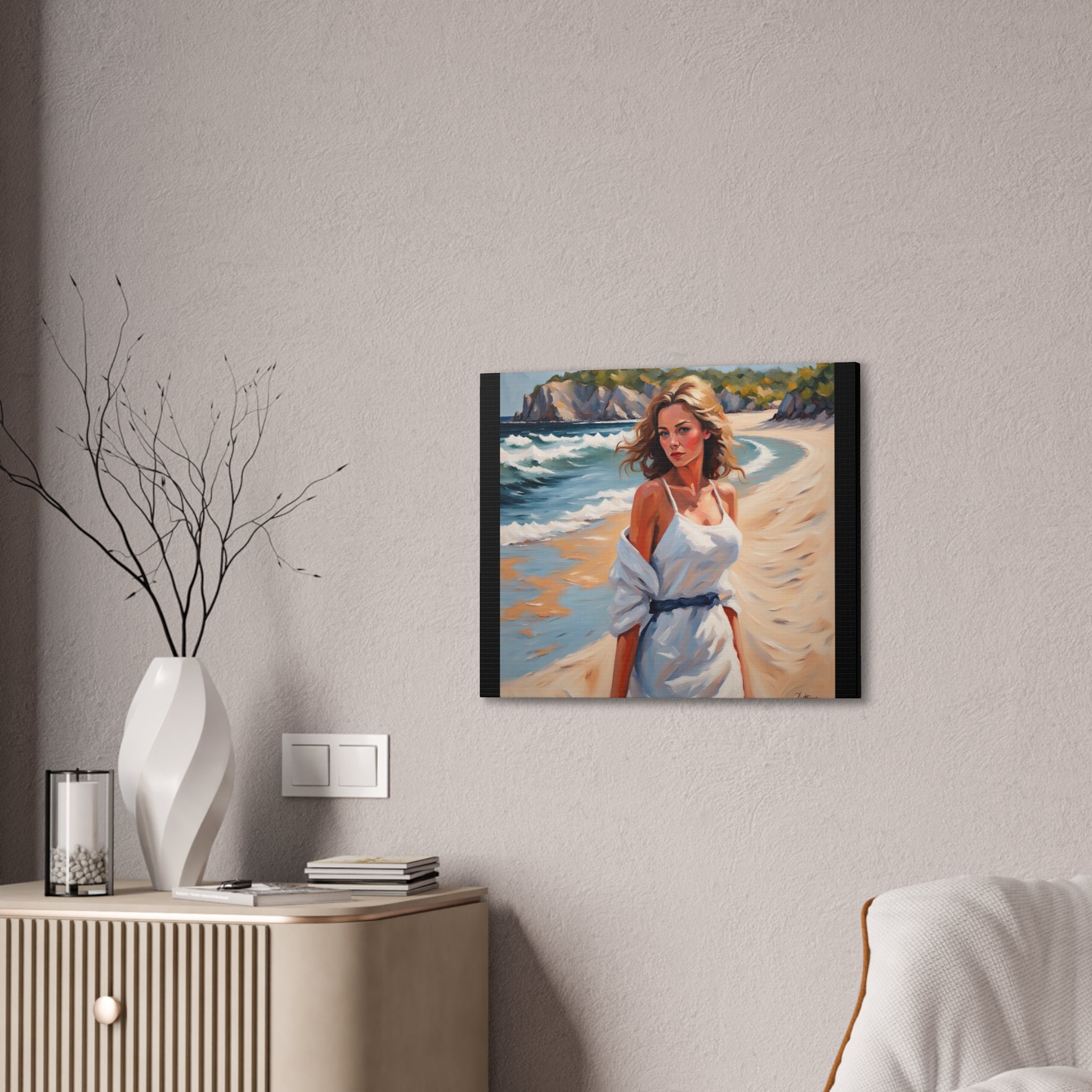 Beach Portrait Canvas - Woman in White Dress Seaside Wall Art