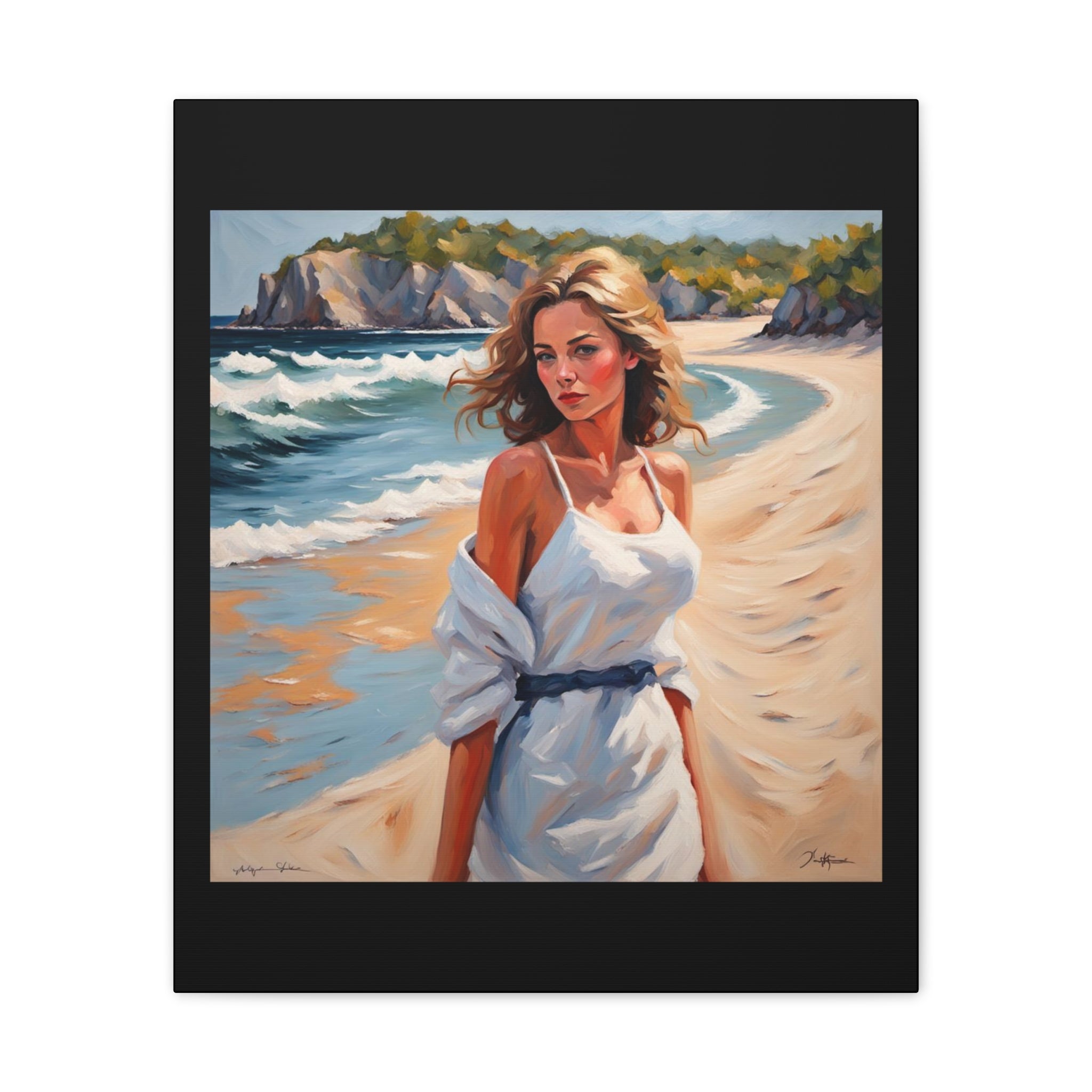 Beach Portrait Canvas - Woman in White Dress Seaside Wall Art