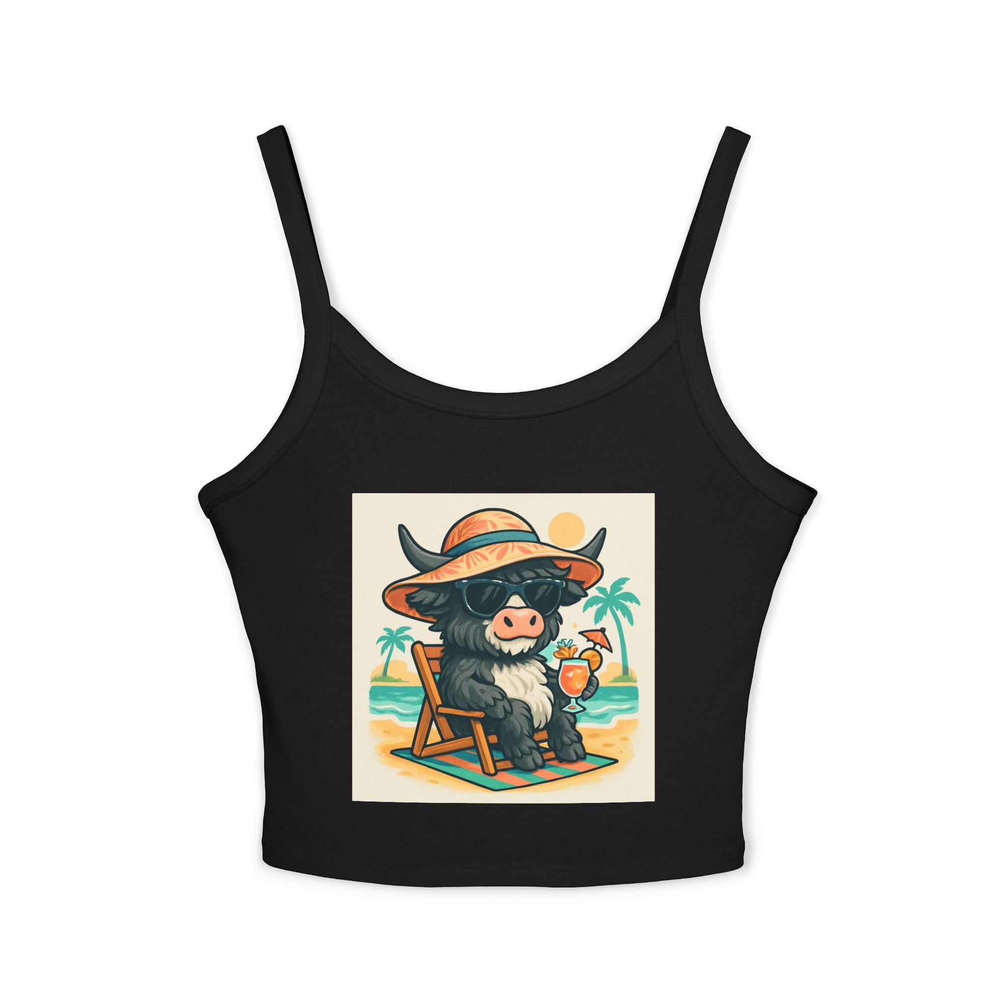 Cow on Vacation Spaghetti Strap Tank — Cute Beach Cow Graphic Tank Top