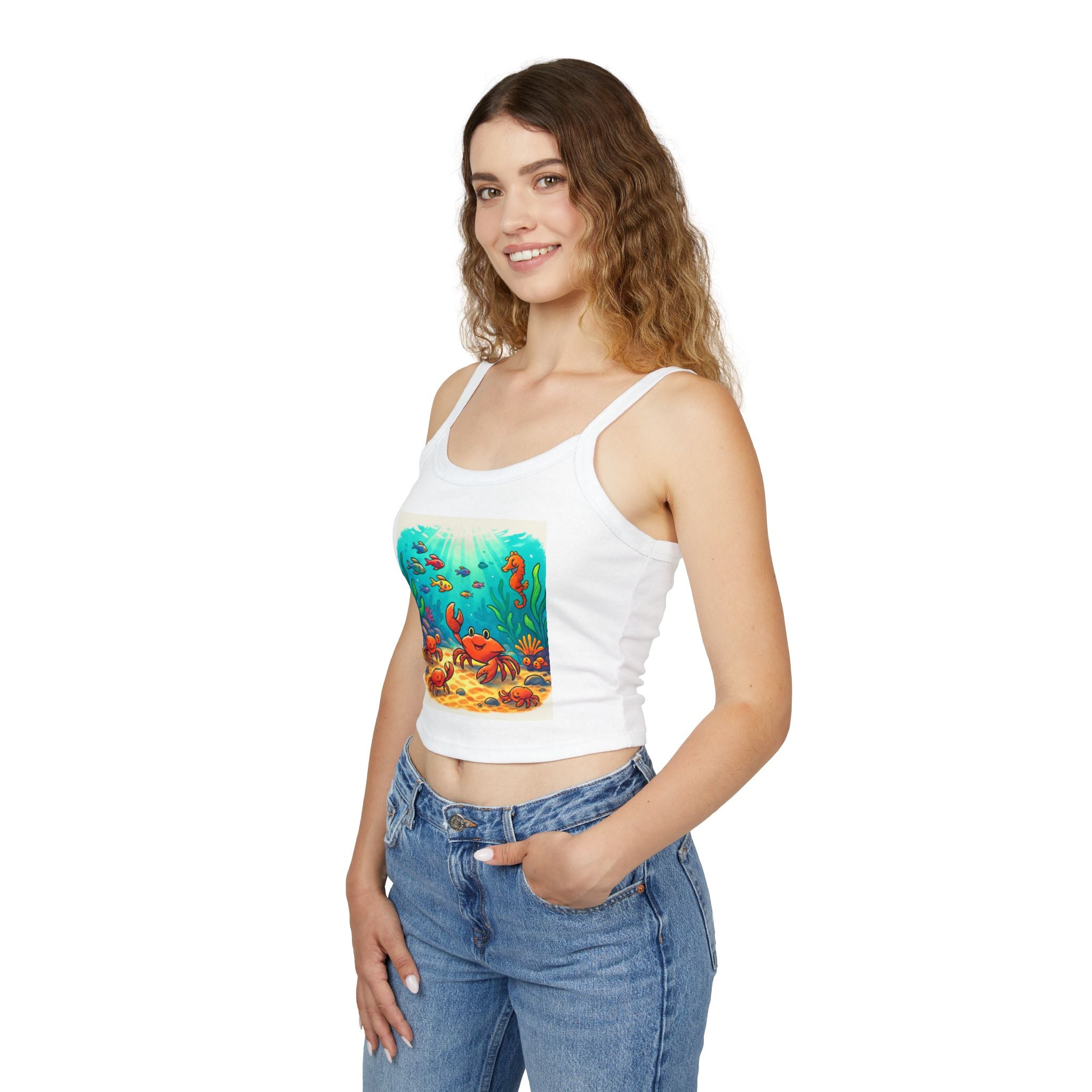 Cute Underwater Crab Tank Top — Colorful Ocean Sea Life Graphic Spaghetti Strap