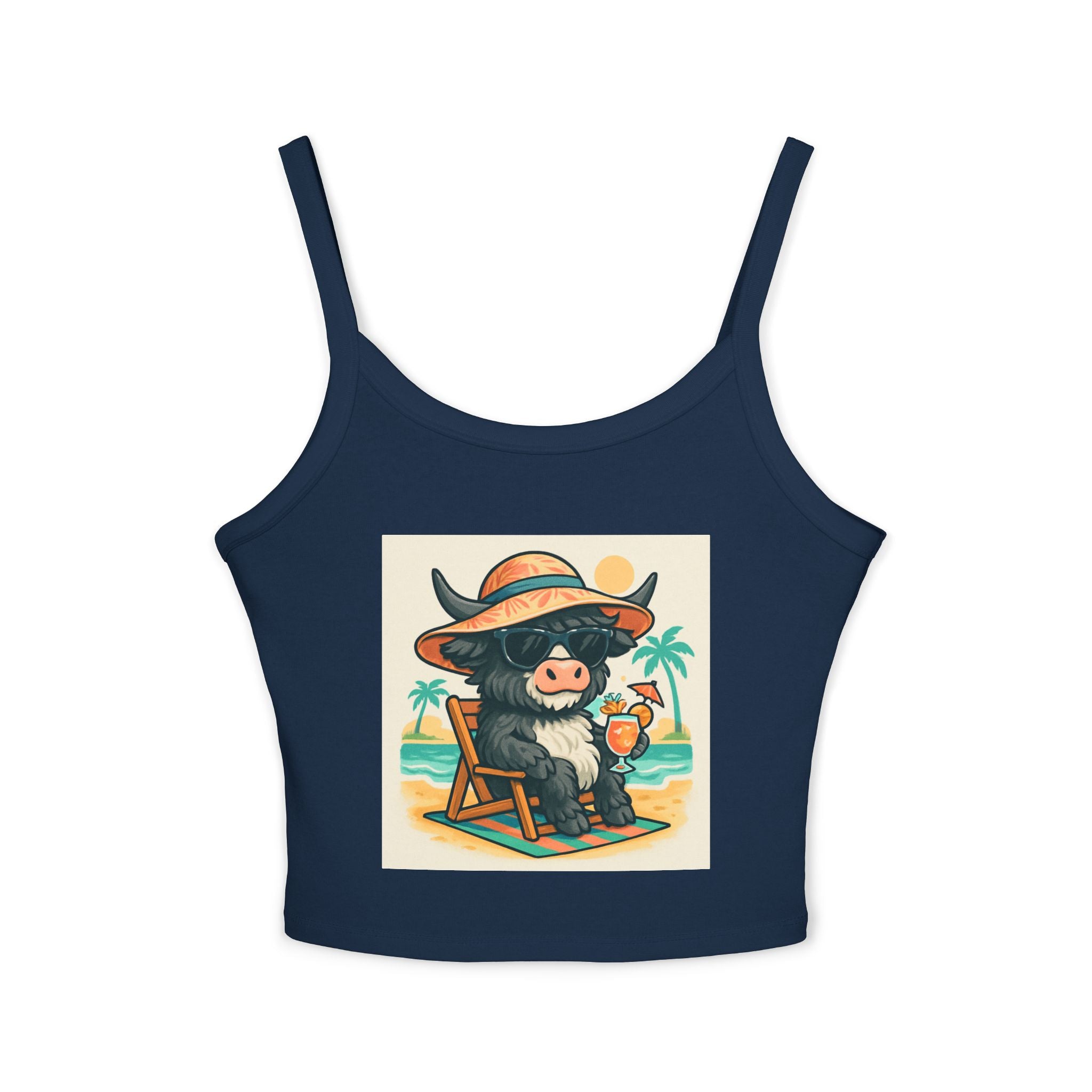 Cow on Vacation Spaghetti Strap Tank — Cute Beach Cow Graphic Tank Top