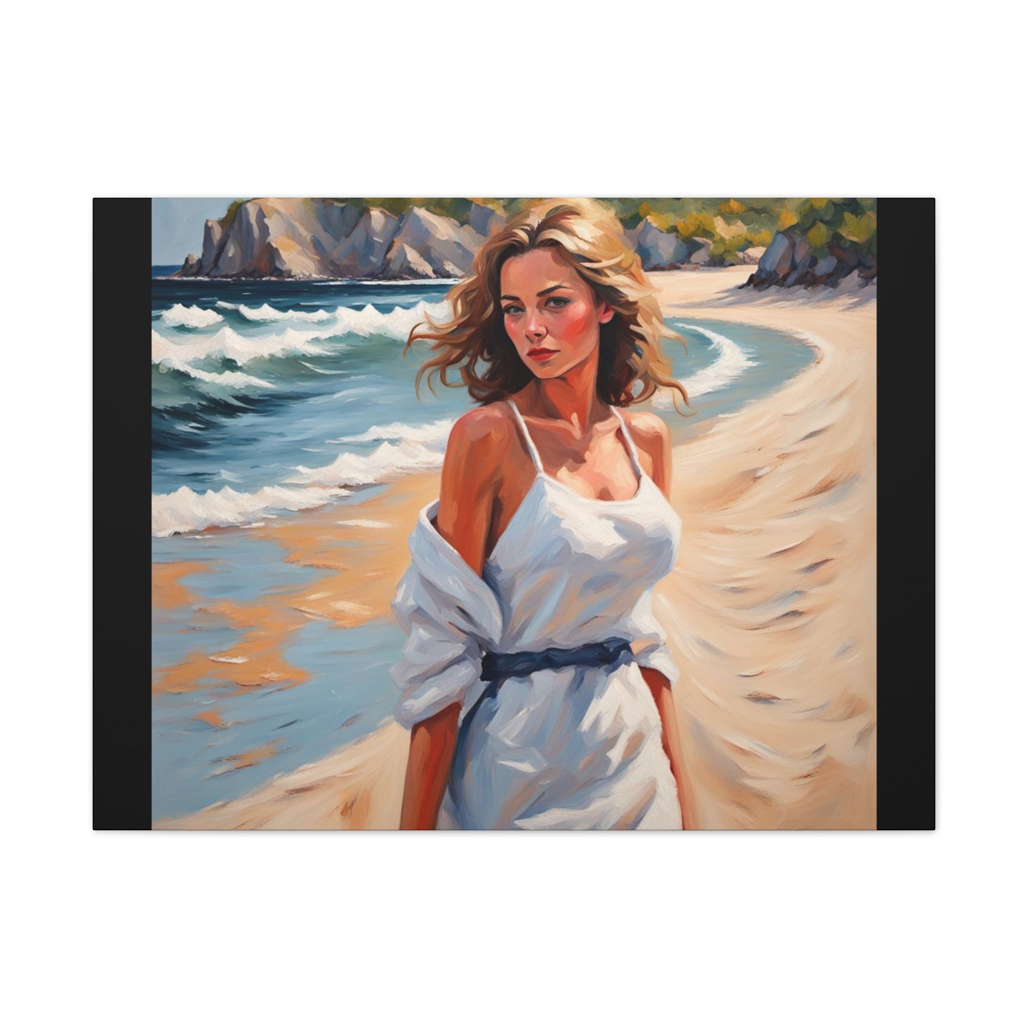 Beach Portrait Canvas - Woman in White Dress Seaside Wall Art