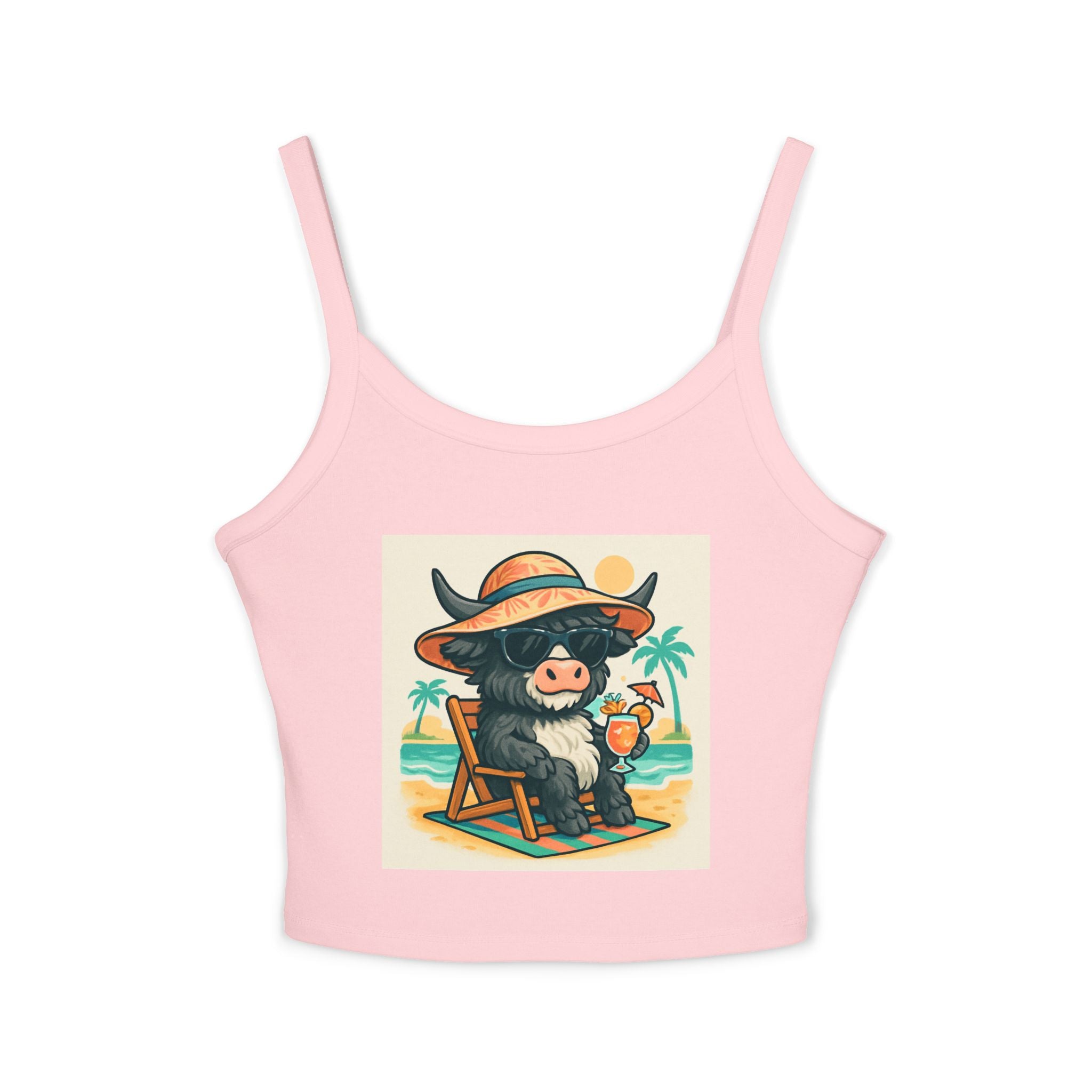 Cow on Vacation Spaghetti Strap Tank — Cute Beach Cow Graphic Tank Top