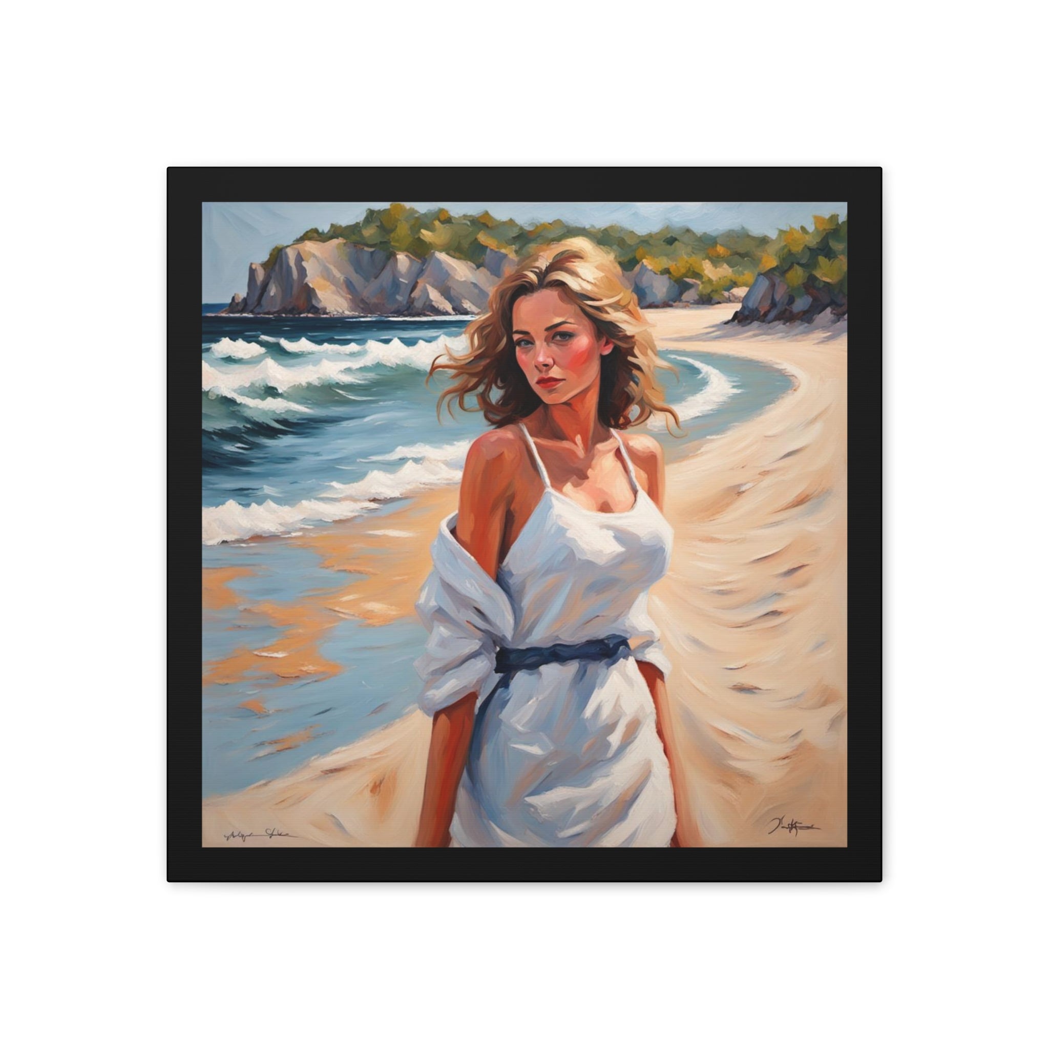 Beach Portrait Canvas - Woman in White Dress Seaside Wall Art