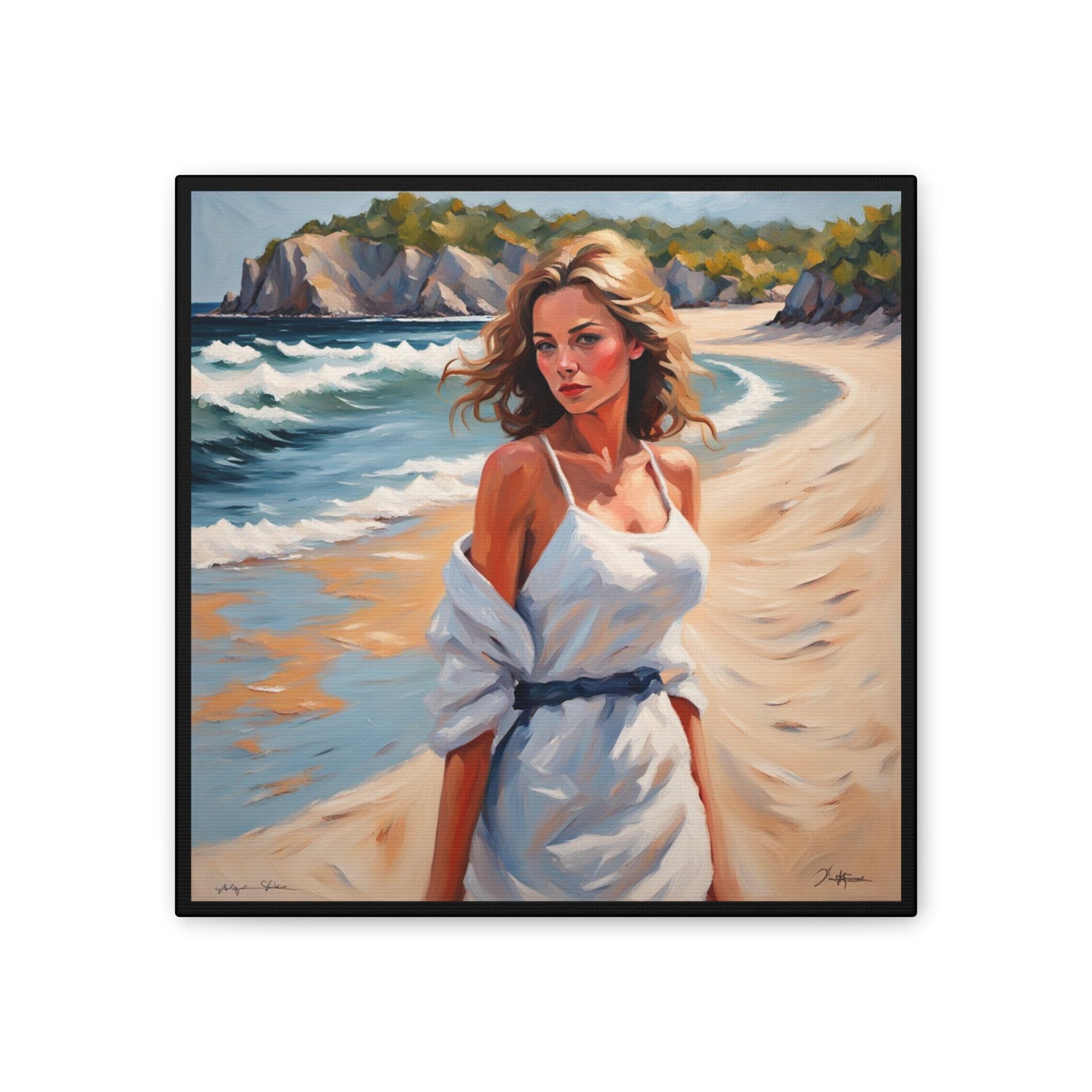 Beach Portrait Canvas - Woman in White Dress Seaside Wall Art