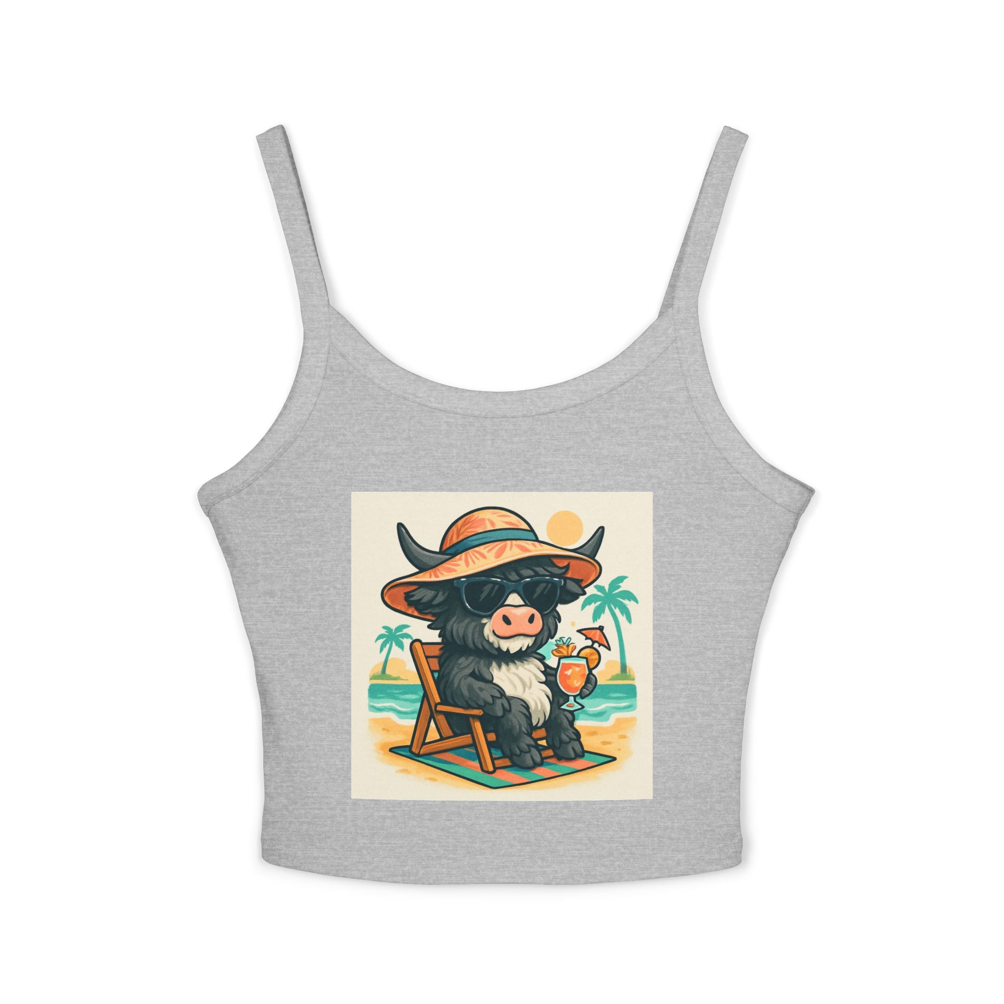 Cow on Vacation Spaghetti Strap Tank — Cute Beach Cow Graphic Tank Top