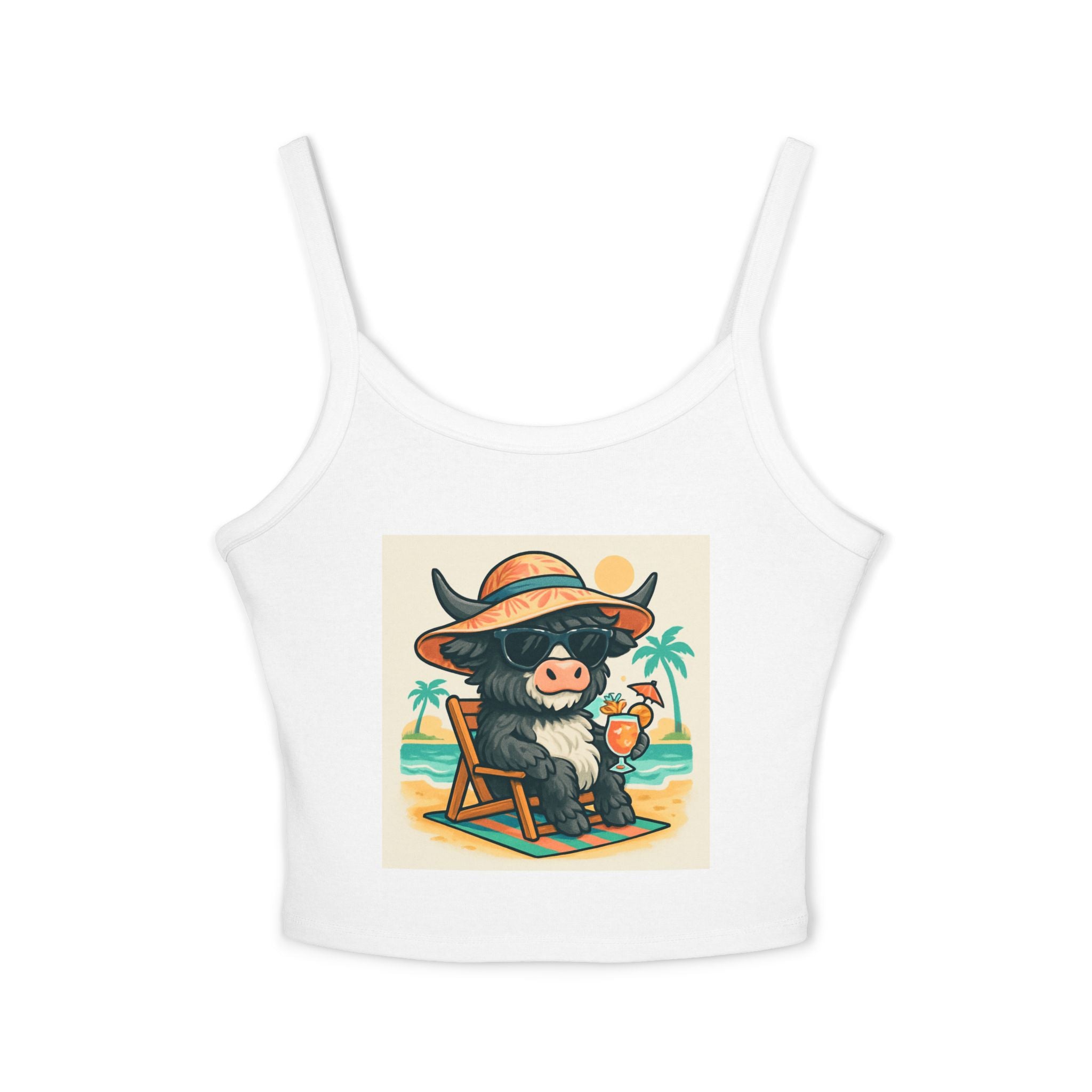 Cow on Vacation Spaghetti Strap Tank — Cute Beach Cow Graphic Tank Top