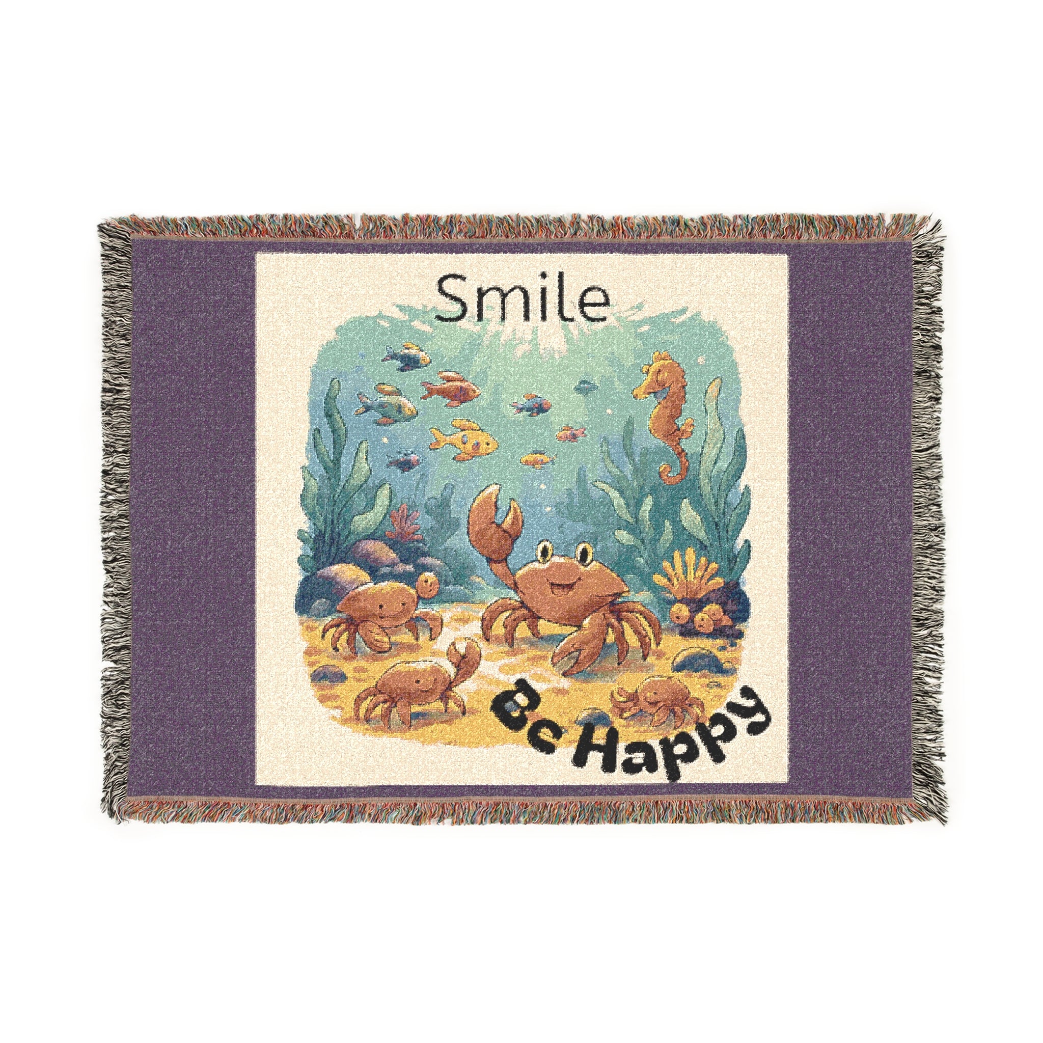 Be Happy Woven Blanket – Cute Undersea Crab & Fish Tapestry Throw (Smile Be Happy)