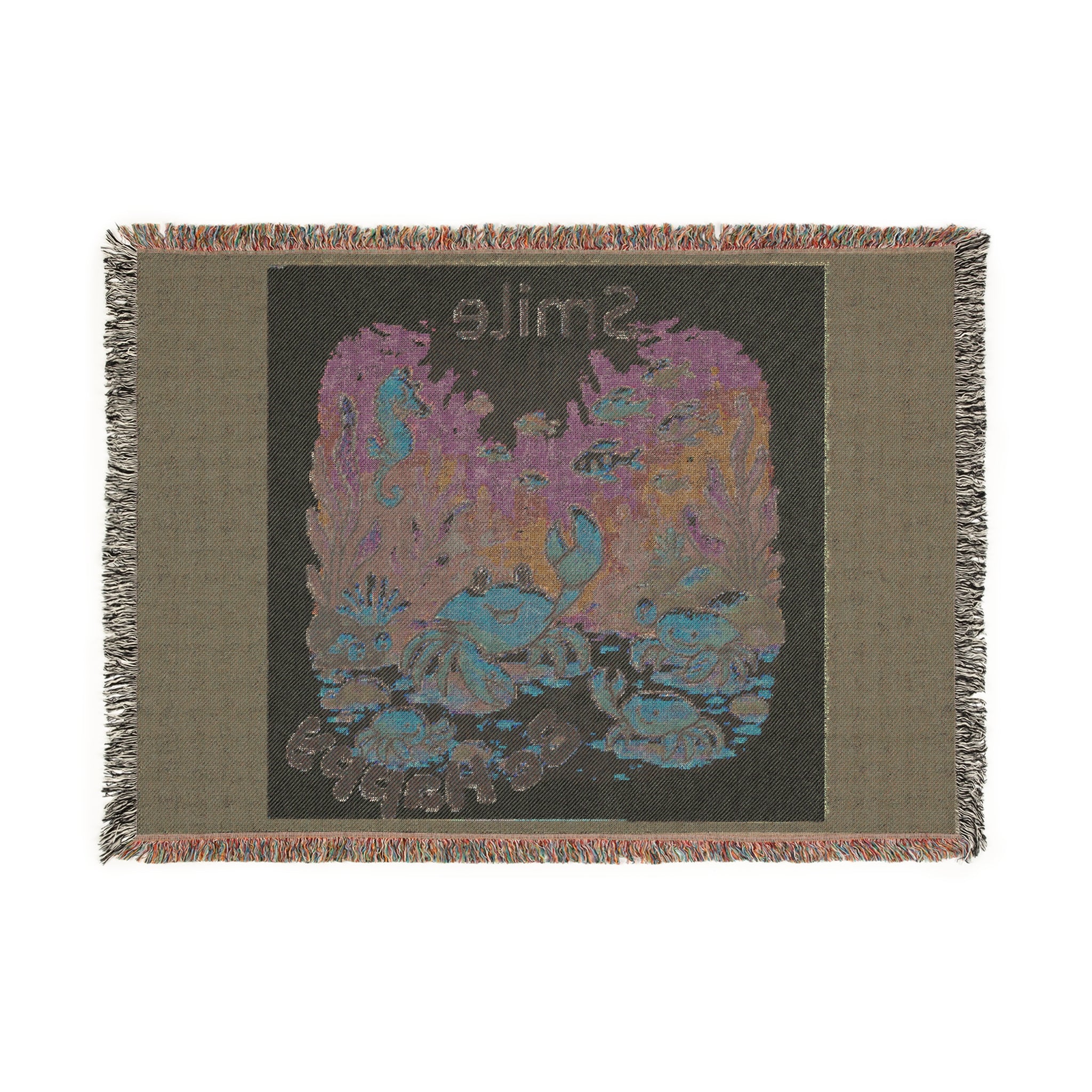 Be Happy Woven Blanket – Cute Undersea Crab & Fish Tapestry Throw (Smile Be Happy)