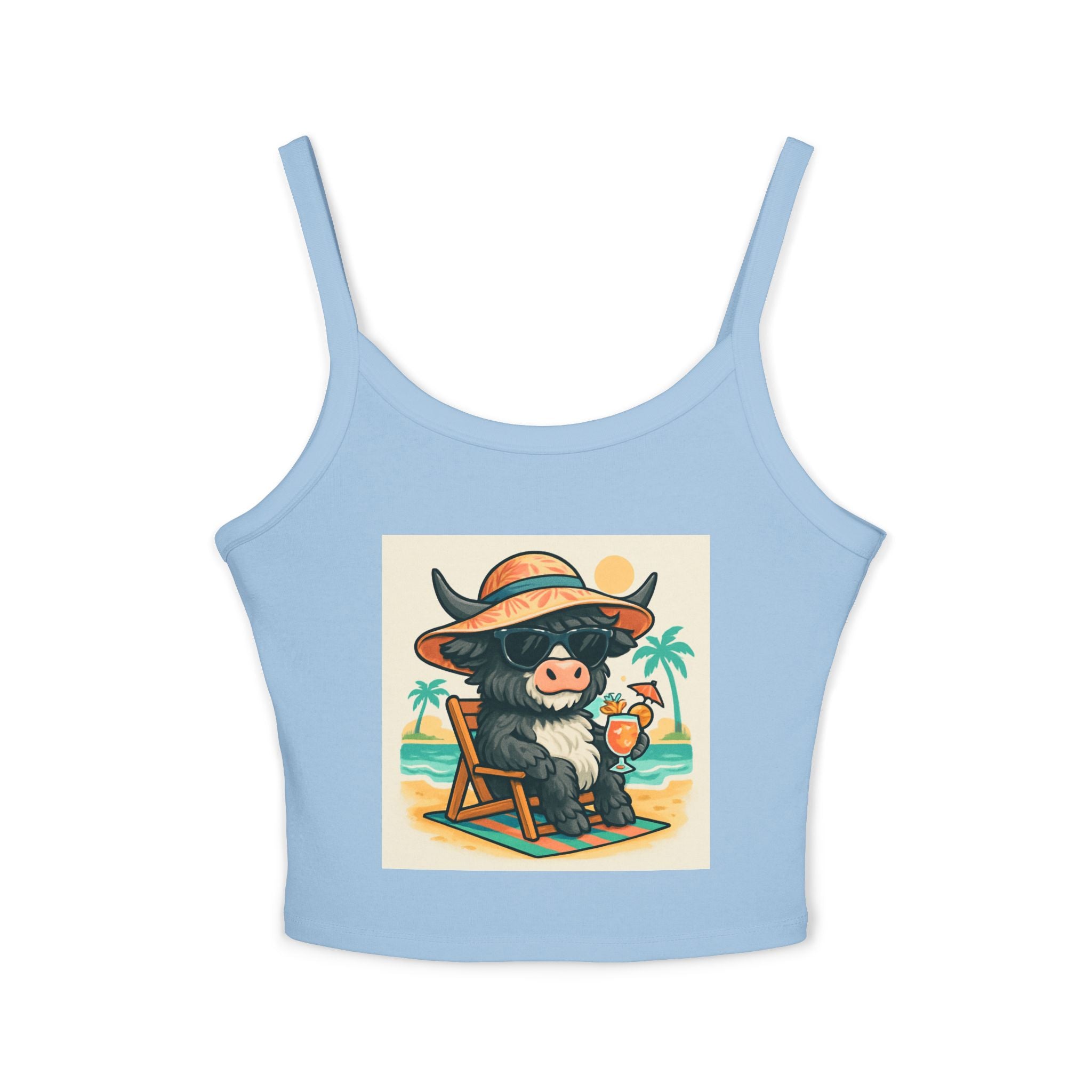 Cow on Vacation Spaghetti Strap Tank — Cute Beach Cow Graphic Tank Top